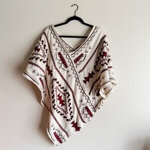 Johnny Was Cream + Red Embroidered Southwest Pullover Poncho Medium Boho